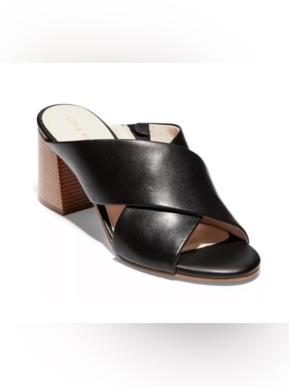 Cole Haan Dakota Criss Cross Mule Sandals W19534 Black Wood Heel 8B Store Displa